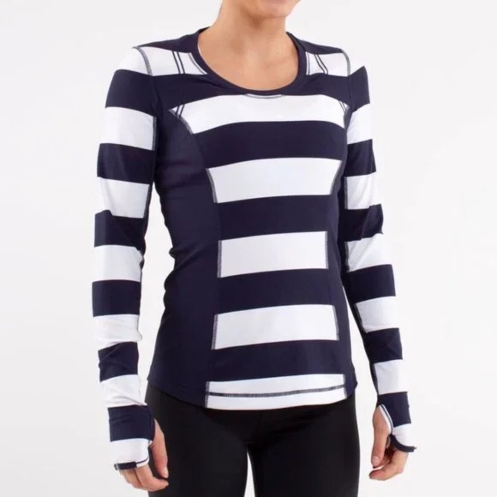 EUC LULULEMON Run Switchback Long Sleeve Navy White Stripe Shirt Size 4 - Picture 1 of 11